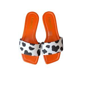 Cow Print Slide Sandals | Orange & Black Statement Shoes | Size 38/5.5/6